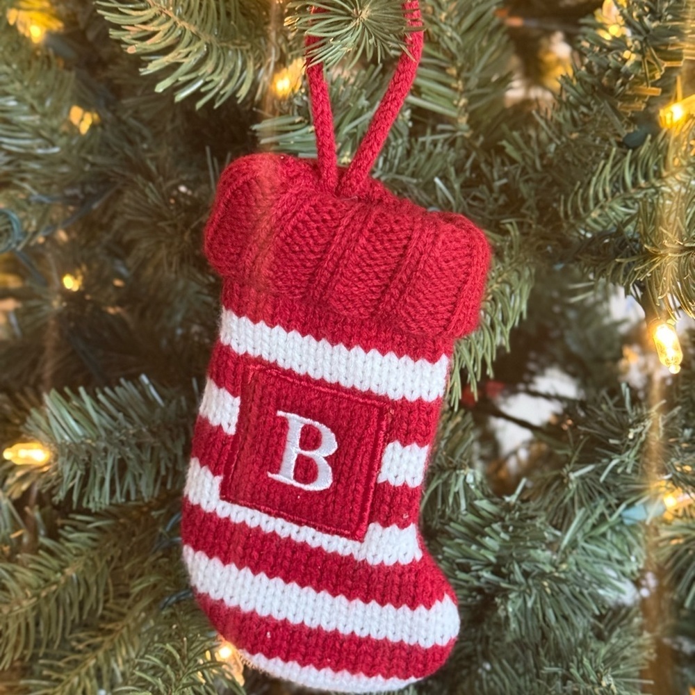 Monogrammed Red & White Knit Stocking Ornament - B